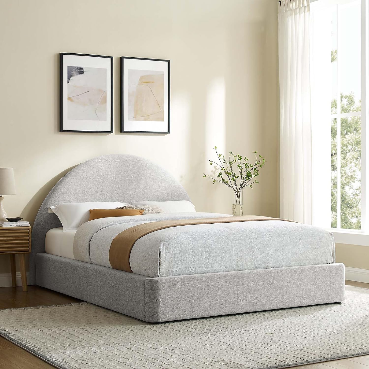 Modway Resort Full Platform Bed – Heathered Weave Light Gray Fabric Upholstery with Arched Headboard, Soft Cloud Frame, No Box Spring