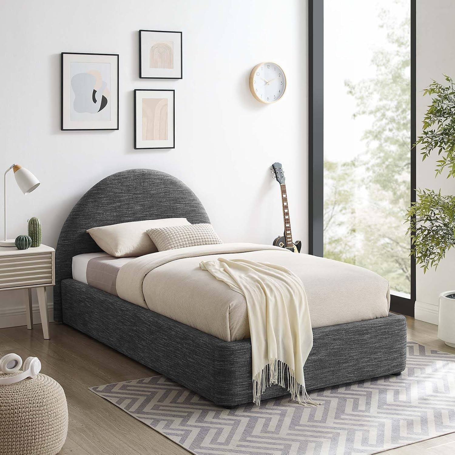 Modway Resort Twin Platform Bed – Heathered Weave Slate Fabric Upholstery with Arched Headboard, Soft Cloud Frame, No Box Spring