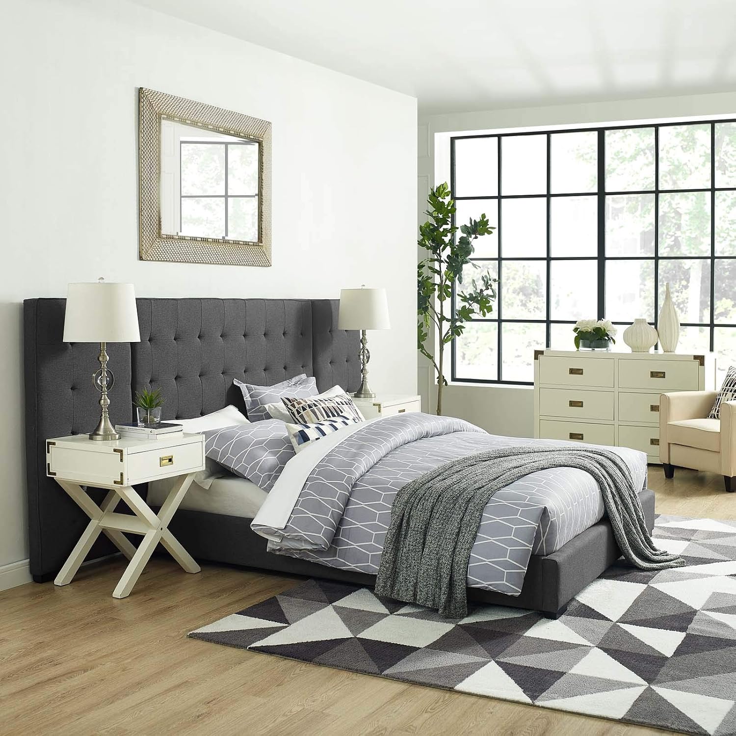 Modway Sierra Tufted Upholstered Fabric Queen Platform Bed Frame With Headboard In Gray