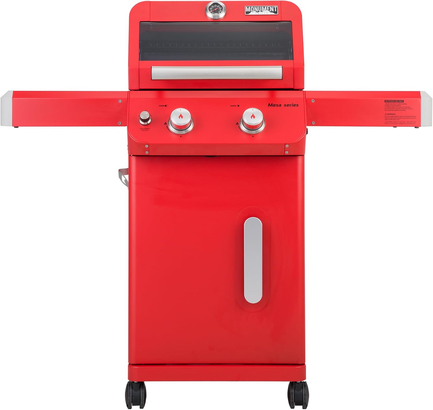 Monument Grills 2-Burner Stainless Steel Liquid Propane Gas Patio Garden Barbecue Grill with Clearview Lid, Knob Control and Two Foldable Shelves Mesa200R, Red