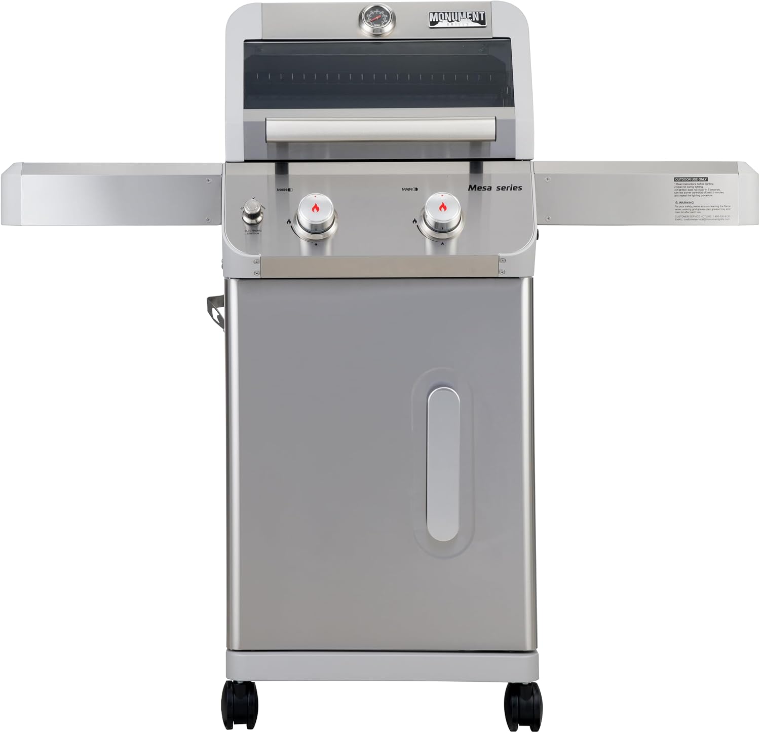 Monument Grills 2-Burner Stainless Steel Liquid Propane Gas Patio Garden Barbecue Grill with Clearview Lid, Knob Control and Two Foldable Shelves Mesa200S