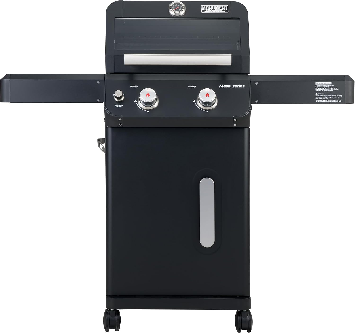 Monument Grills 2-Burner Stainless Steel Liquid Propane Gas Patio Garden Barbecue Grill with Clearview Lid, Knob Control and Two Foldable Shelves Mesa220, Black