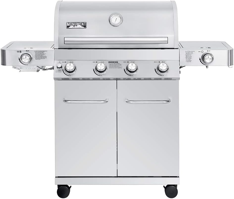 Monument Grills 4-Burner Propane Gas Grill – Stainless Steel with Side & Sear Burners, Cabinet Style, Built-In Thermometer