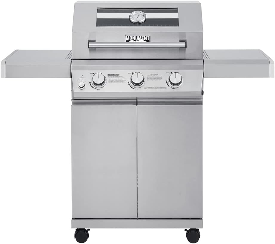 Monument Grills Larger 3-Burner Propane Gas Grills BBQ Stainless Steel Heavy-Duty Cabinet Style w Knob Controls, Outdoor Use, Mesa 300