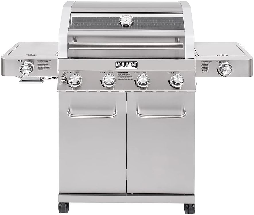 Monument Grills Larger 4-Burner Propane Gas Grill – Stainless Steel with Clearview Lid, Side & Infrared Sear Burners, Thermometer, Outdoor Use