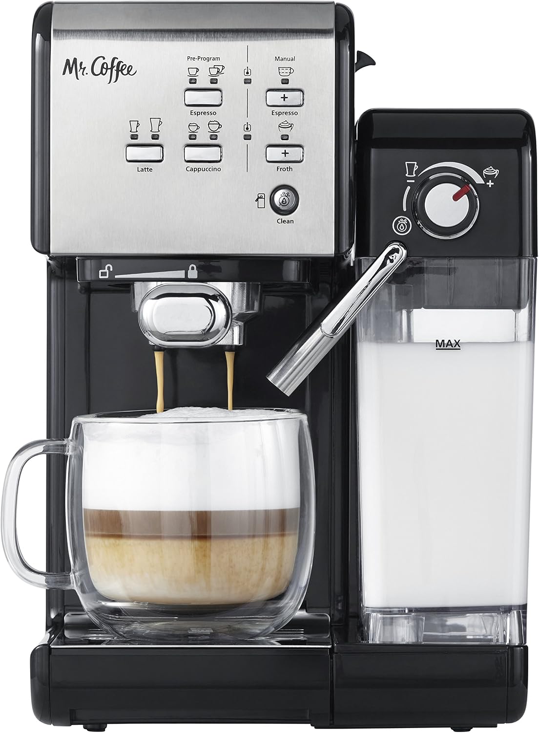 Mr. Coffee Programmable Cappuccino & Espresso Machine with Automatic Milk Frother & 19-Bar Pump, Stainless Steel