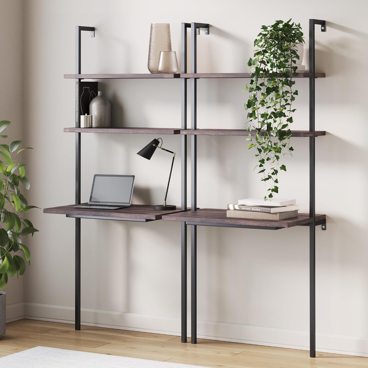 Nathan James 55501 Theo 2-Shelf Industrial Wall Mount Ladder Desk, Small Computer or Writing Desk, Nutmeg/Matte Black, Set of 2