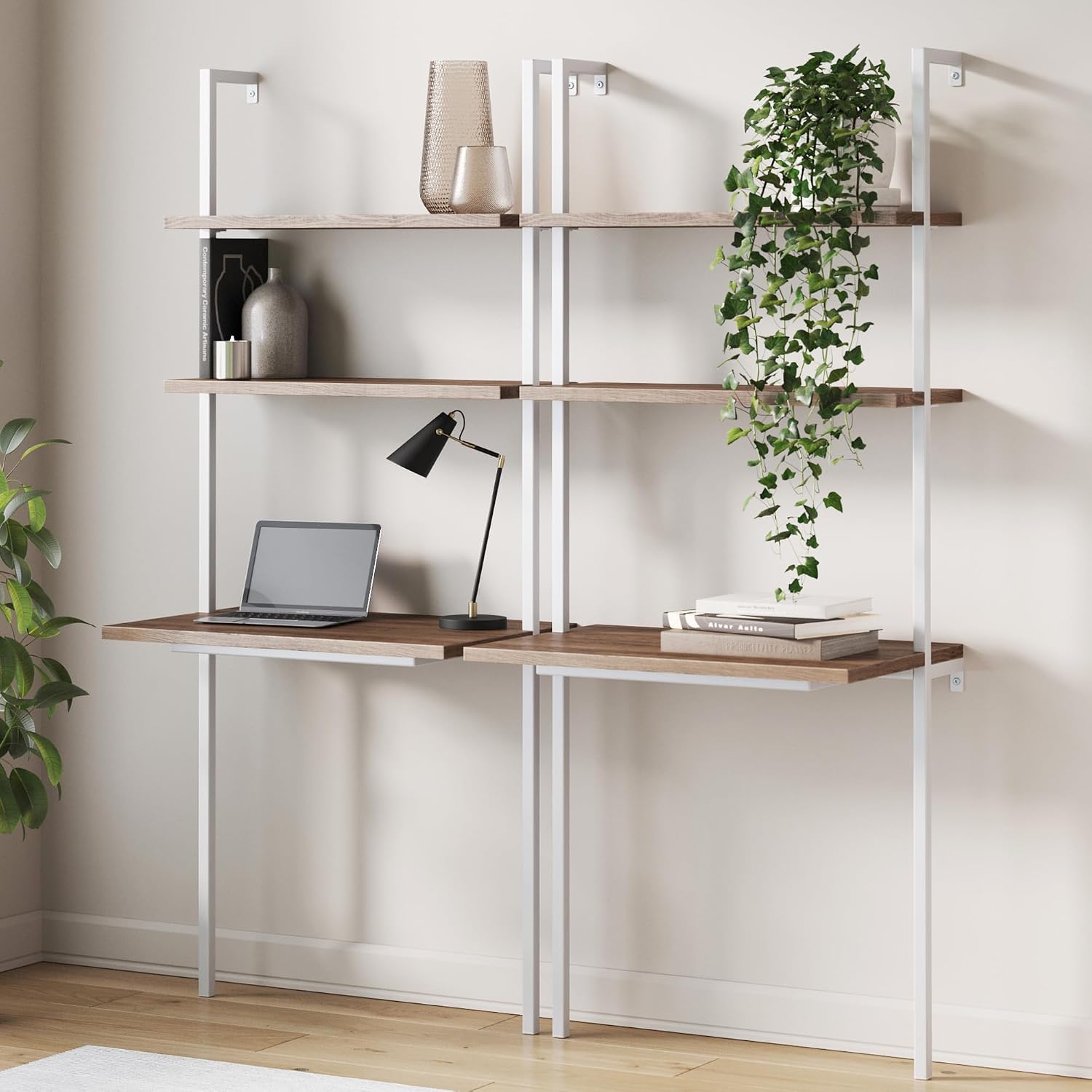 Nathan James 55502 Theo 2-Shelf Industrial Wall Mount Ladder Desk, Small Computer or Writing Desk, Rustic Oak/White, Set of 2