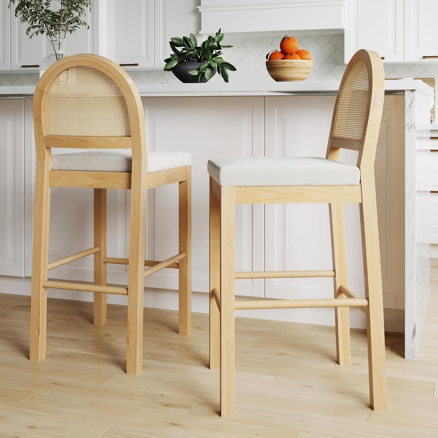 Nathan James Bailey 29″ Boucle Bar Stools – Oak Frame Kitchen Stools with Upholstered Seat, Rattan Woven Back, Set of 2