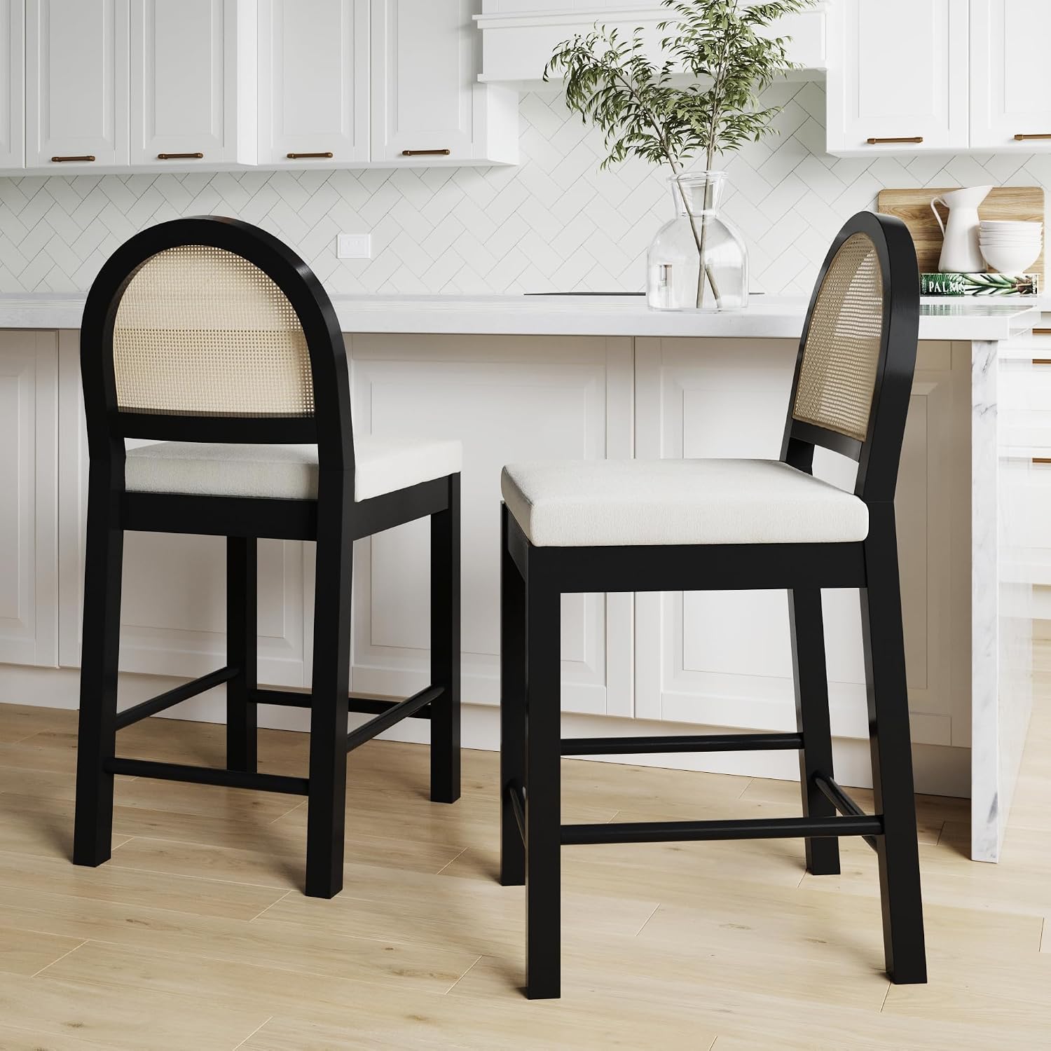 Nathan James Bailey Boucle Rattan Bar Stools – White/Black Oak Counter Stools with Upholstered Seat & Woven Back for Kitchen, Set of 2