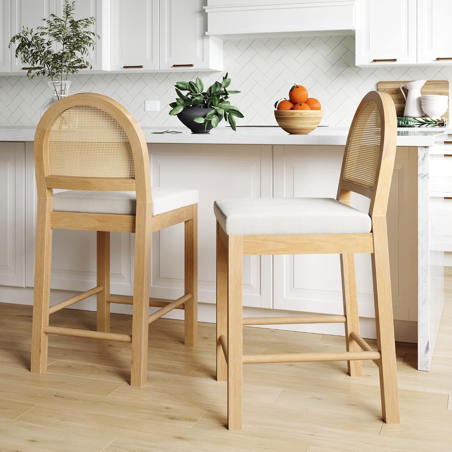 Nathan James Bailey Rattan Bar Stools – Brown Counter Height Stools with Upholstered Seat & Oak Frame Woven Back, Set of 2