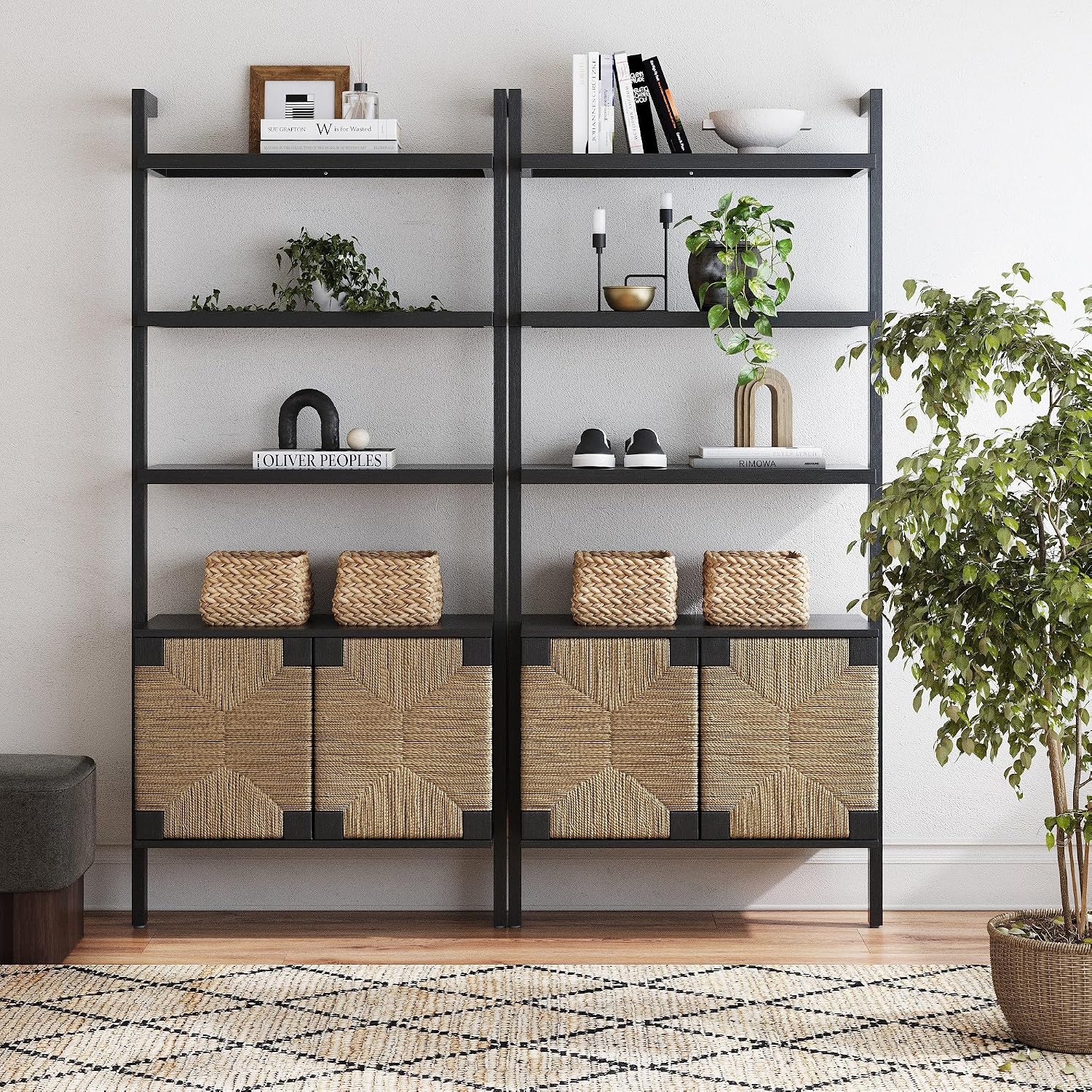 Nathan James Beacon 3-Shelf Bookcase with Seagrass Cabinet, Solid Wood Boho Bookshelf with Storage with Solid Wood Frame, Seagrass/Black, Set of 2