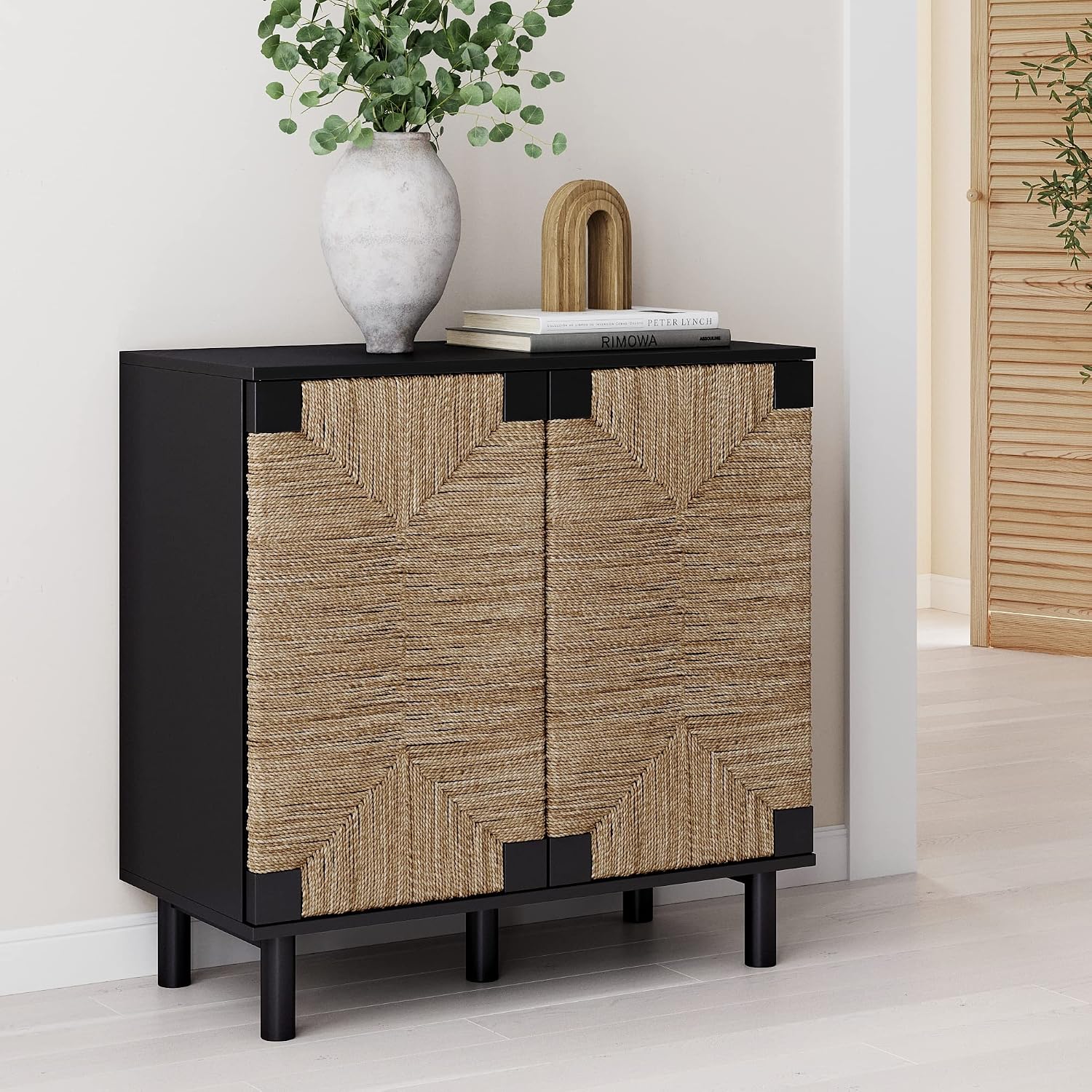 Nathan James Beacon Accent Sideboard – Black Wire-Brushed Wood Storage Cabinet with Seagrass Doors & Adjustable Shelf for Dining or Entryway