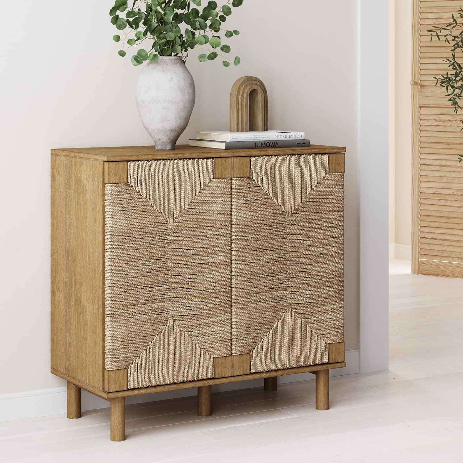 Nathan James Beacon Accent Sideboard – Light Brown Storage Cabinet with Seagrass Doors & Adjustable Shelf for Entryway or Dining Room