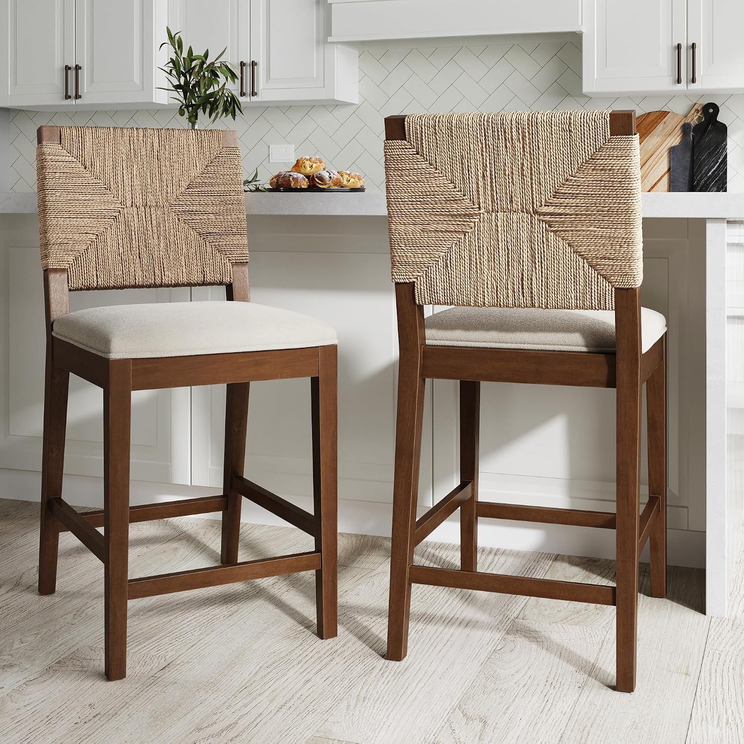 Nathan James Beacon Bohemian Boucle Bar Stools – Dark Brown Seagrass Counter Height Chairs with Back & Cream Boucle Upholstered Seat, Set of 2