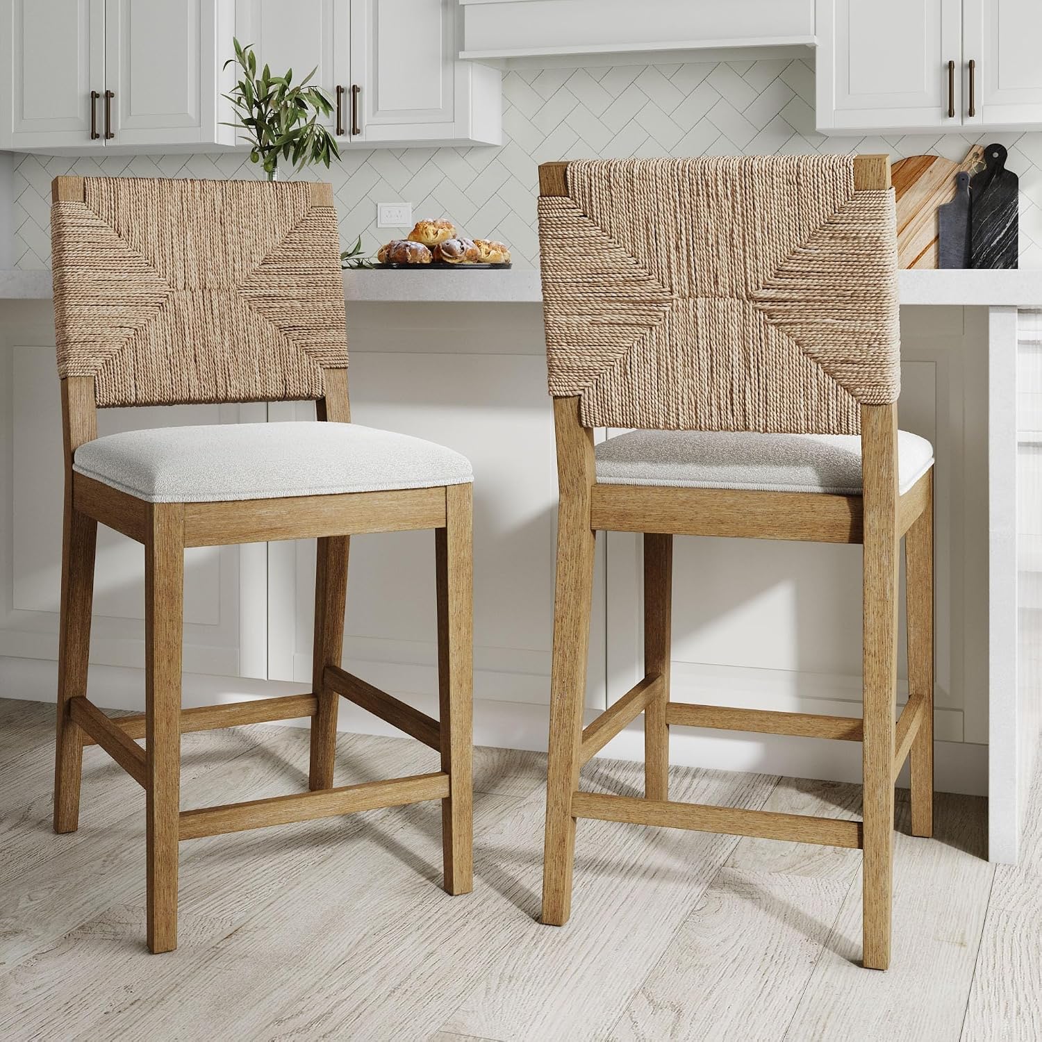 Nathan James Beacon Bohemian Boucle Bar Stools – Light Brown Seagrass Counter Height Chairs with Back & Cream Boucle Seat, Set of 2