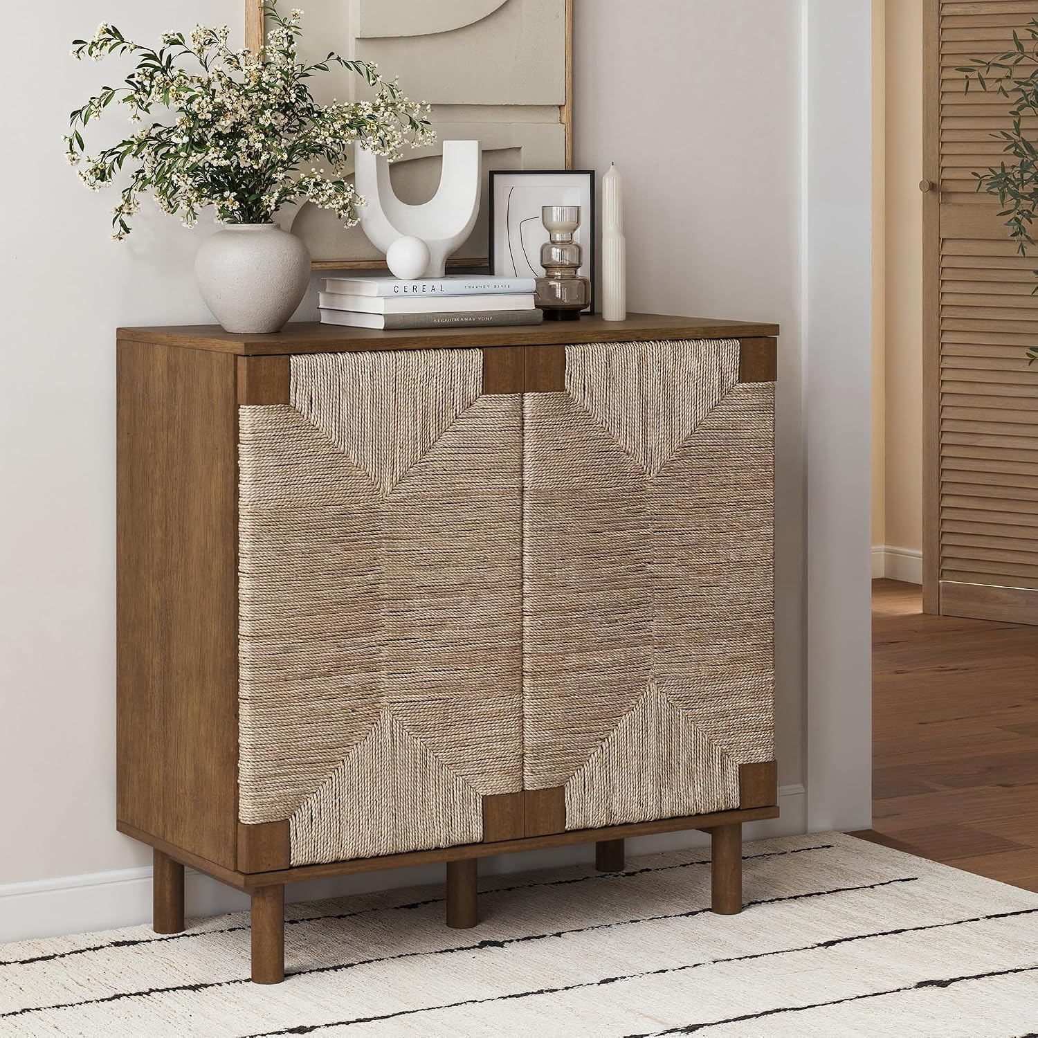 Nathan James Beacon Boho Accent Cabinet – Dark Brown Free Standing Kitchen Storage Cabinet with Seagrass Accent & Adjustable Shelf