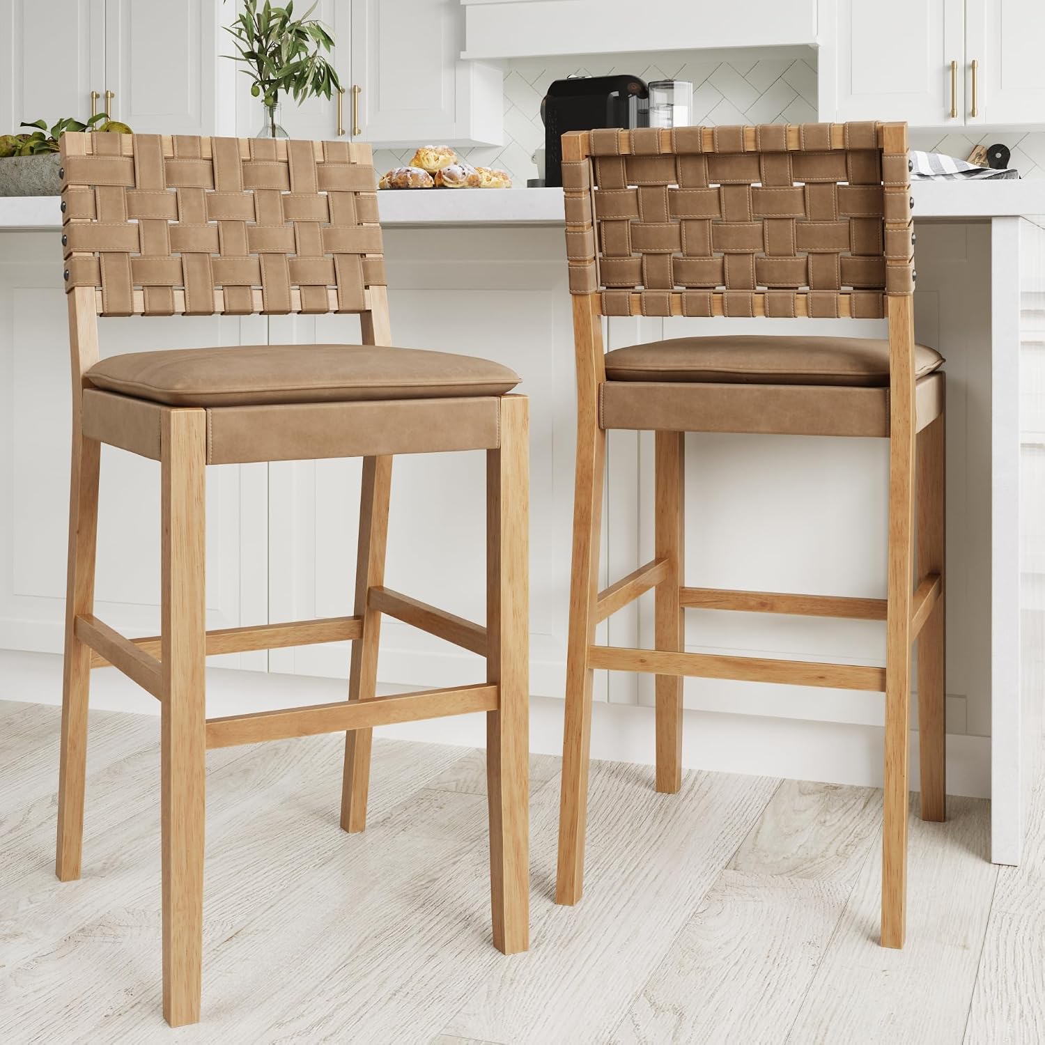 Nathan James Cohen 29″ Mid-Century Bar Stools – Natural Brown Wood Frame with Upholstered Faux Leather Seat, Set of 2