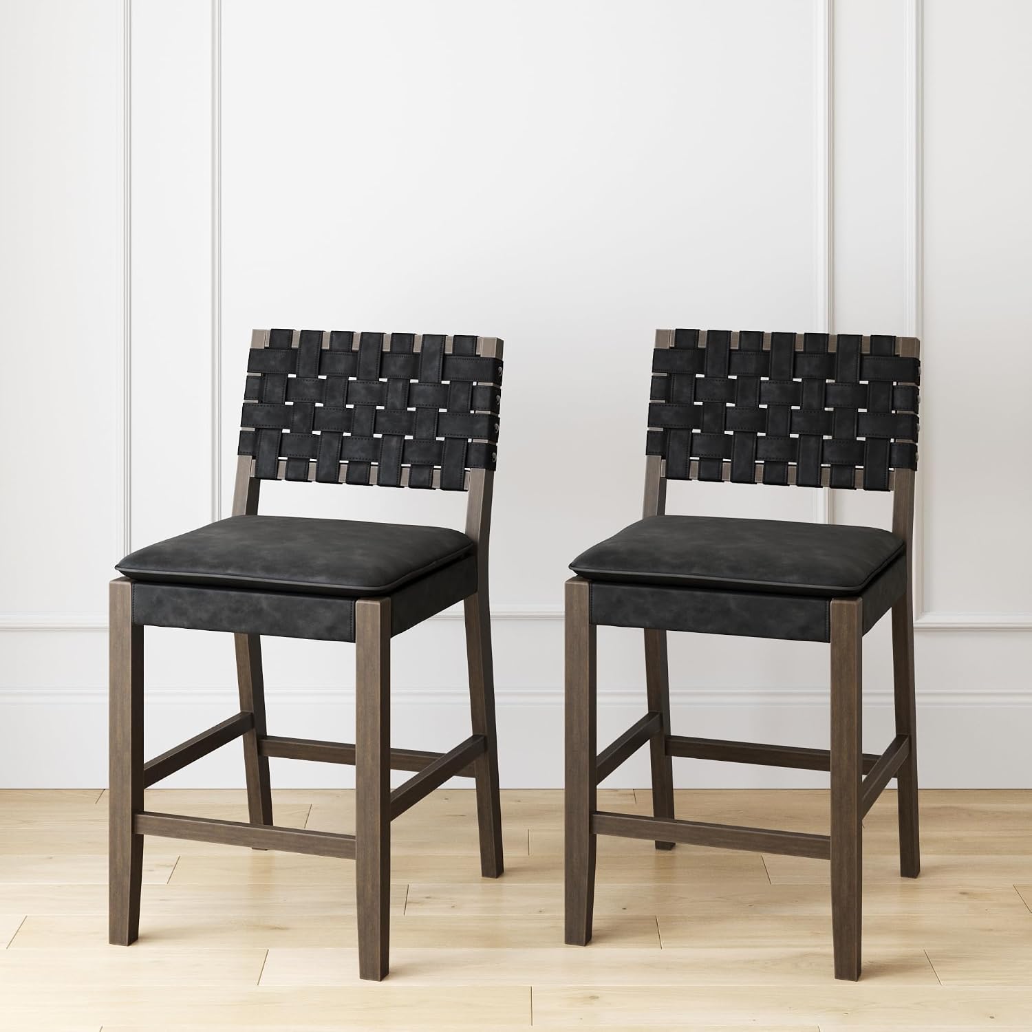 Nathan James Cohen Mid-Century Leather Bar Stools – Black Counter Chairs with Woven Leather Back & Solid Wood Frame, Set of 2