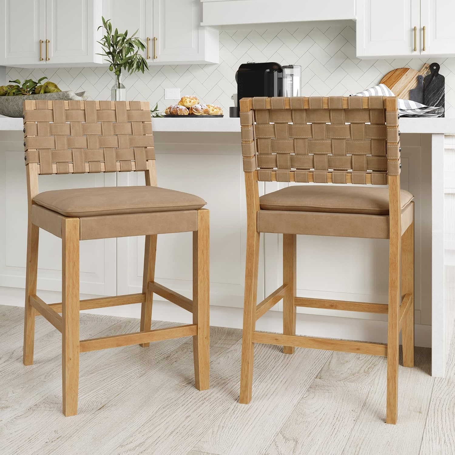 Nathan James Cohen Mid-Century Leather Bar Stools – Natural Brown Counter Chairs with Woven Leather Back & Solid Wood Frame, Set of 2