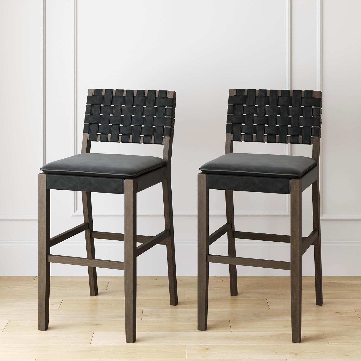 Nathan James Cohen Mid-Century Modern 29 in. Wood Bar Stool, Upholstered Faux Leather Bar Height Stool with Solid Wood Frame, Black, Set of 2