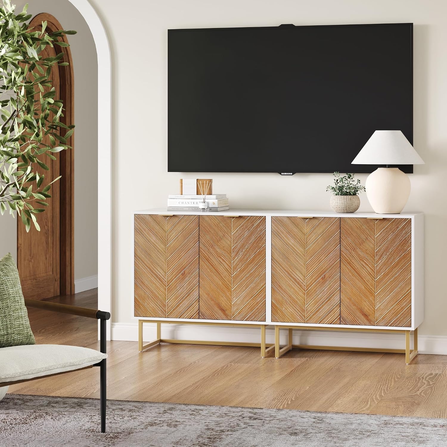 Nathan James Enloe Accent Cabinets Set of 2 – Rustic Pine Finish with Gold Base, TV Stand or Storage for Living Room, Entryway, Hallway