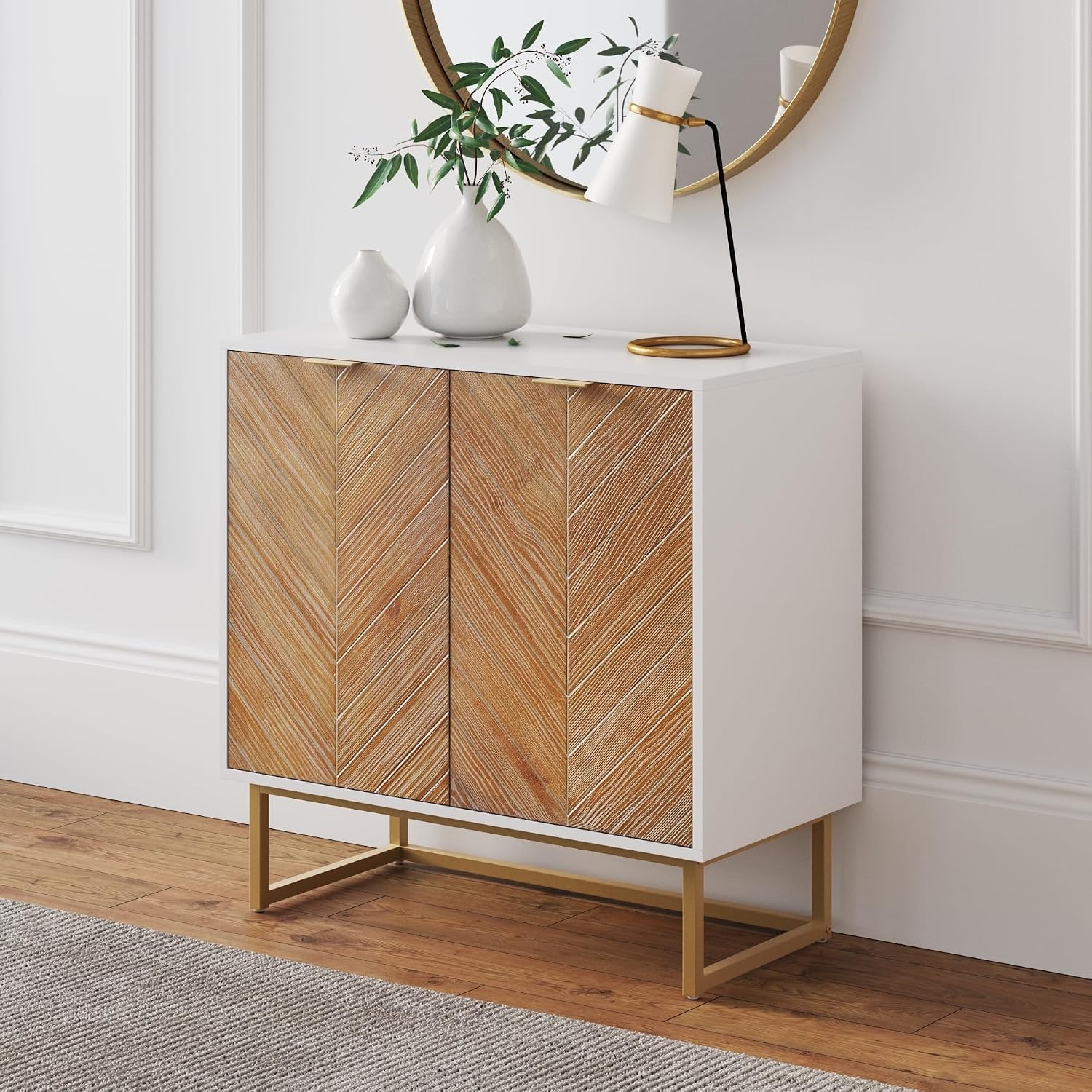 Nathan James Enloe Modern Accent Cabinet – White with Rustic Pine Doors & Gold Metal Base, Storage for Entryway, Hallway, Living Room