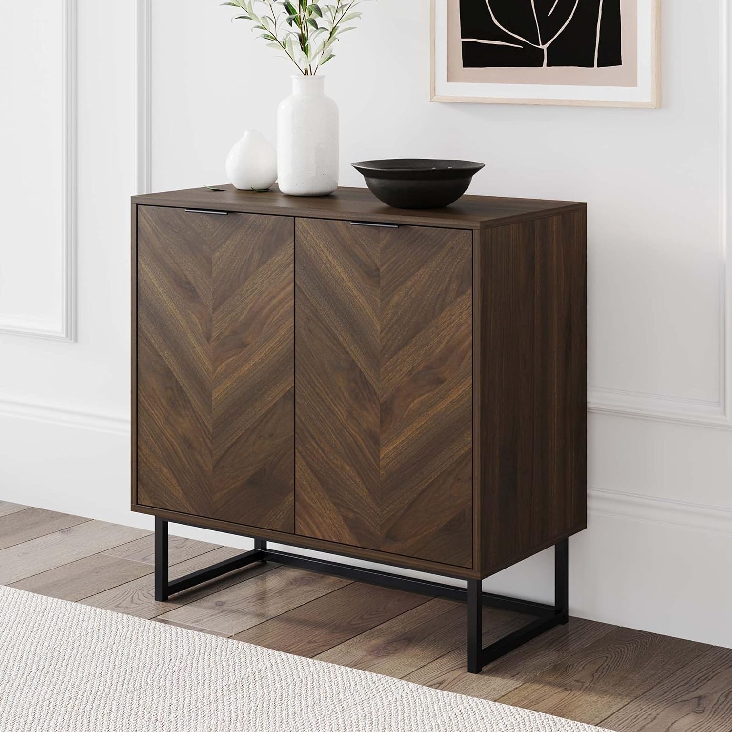 Nathan James Enloe Modern Sideboard Cabinet – Walnut Finish with Matte Black Base, Storage Buffet for Hallway, Kitchen, or Living Room