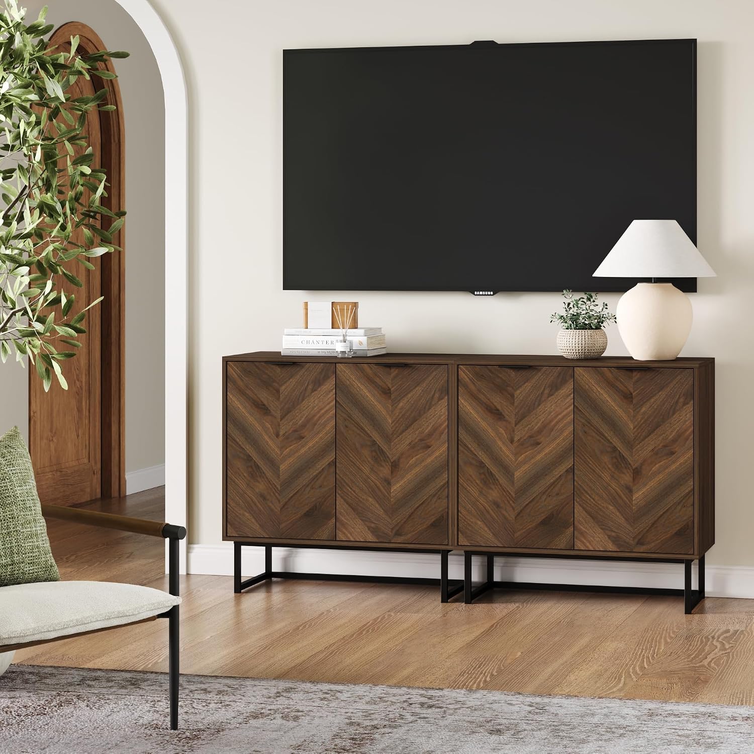 Nathan James Enloe Sideboard Cabinet Set of 2 – Walnut Finish & Black Base, Buffet Storage or TV Stand for Hallway, Kitchen, Living Room