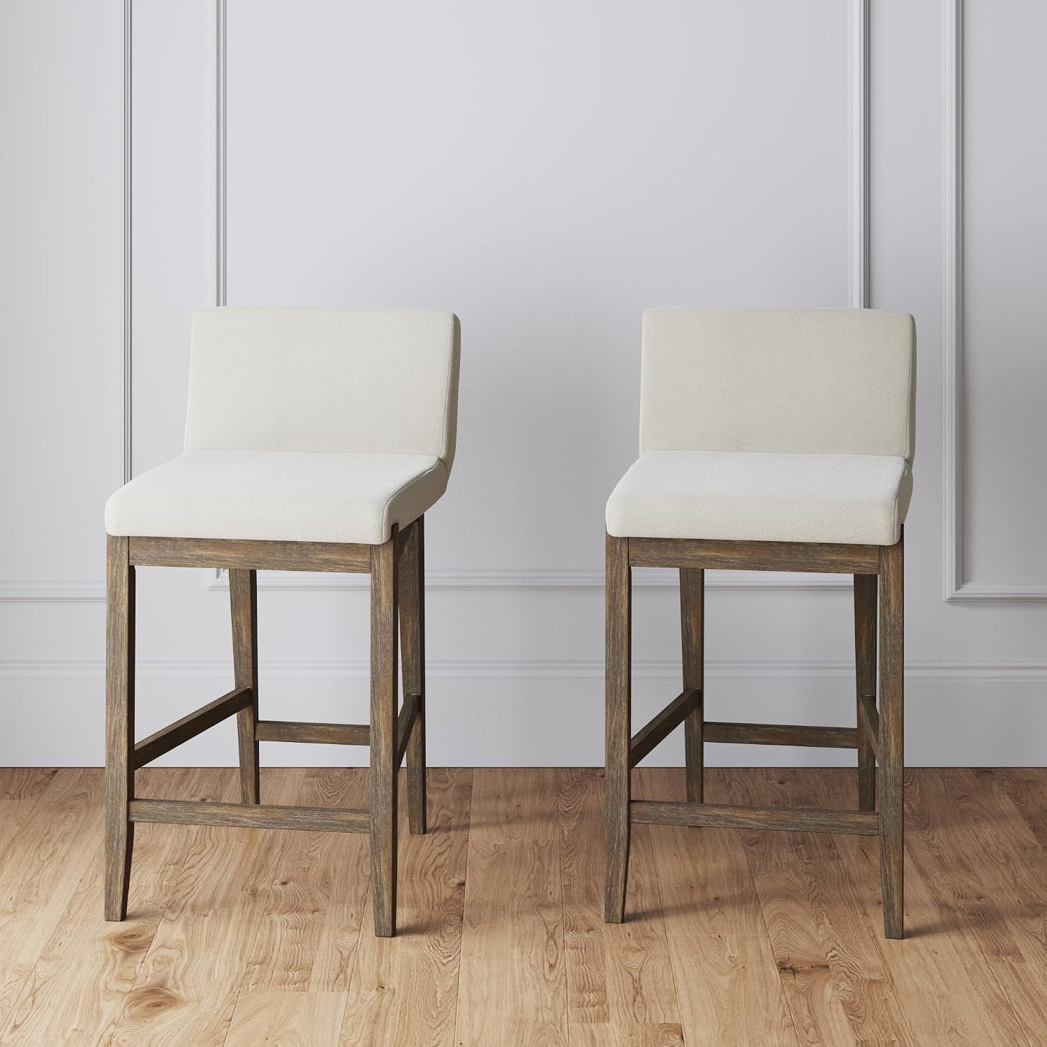 Nathan James Gracie Counter Height Bar Stools – Cream Boucle Upholstered Chairs with Back & Dark Brown Brushed Wooden Legs, Set of 2