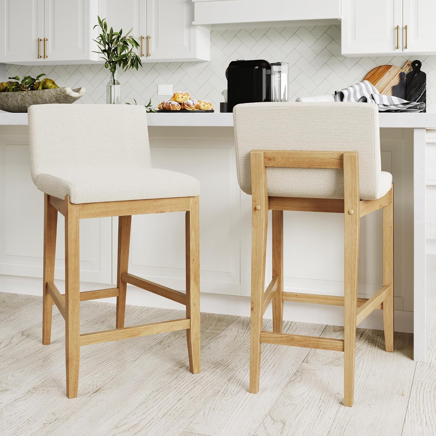 Nathan James Gracie Counter Height Bar Stools – Cream Boucle Upholstered Chairs with Back & Light Brown Brushed Wooden Legs, Set of 2