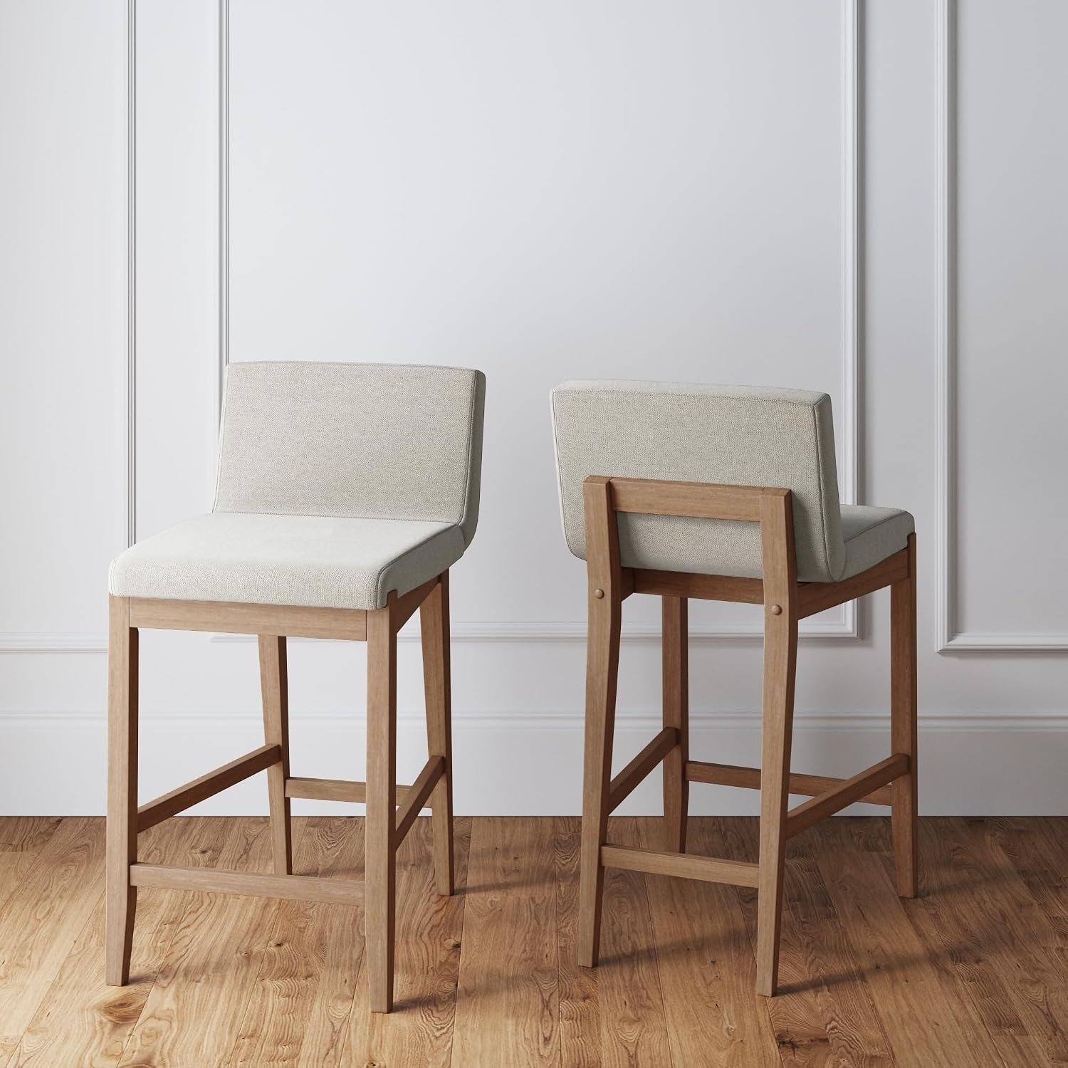 Nathan James Gracie Counter Height Bar Stools – Natural Flax White Upholstered Chairs with Back & Brushed Brown Wooden Legs, Set of 2