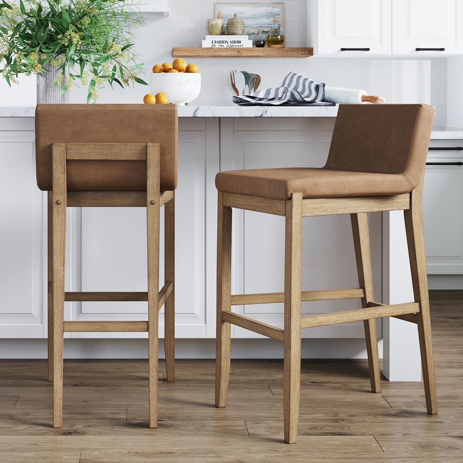 Nathan James Gracie Modern Upholstered Bar Chair, Wooden Bar Stool for Kitchen Island with Faux Leather Upholstery, Light Brown, Set of 2