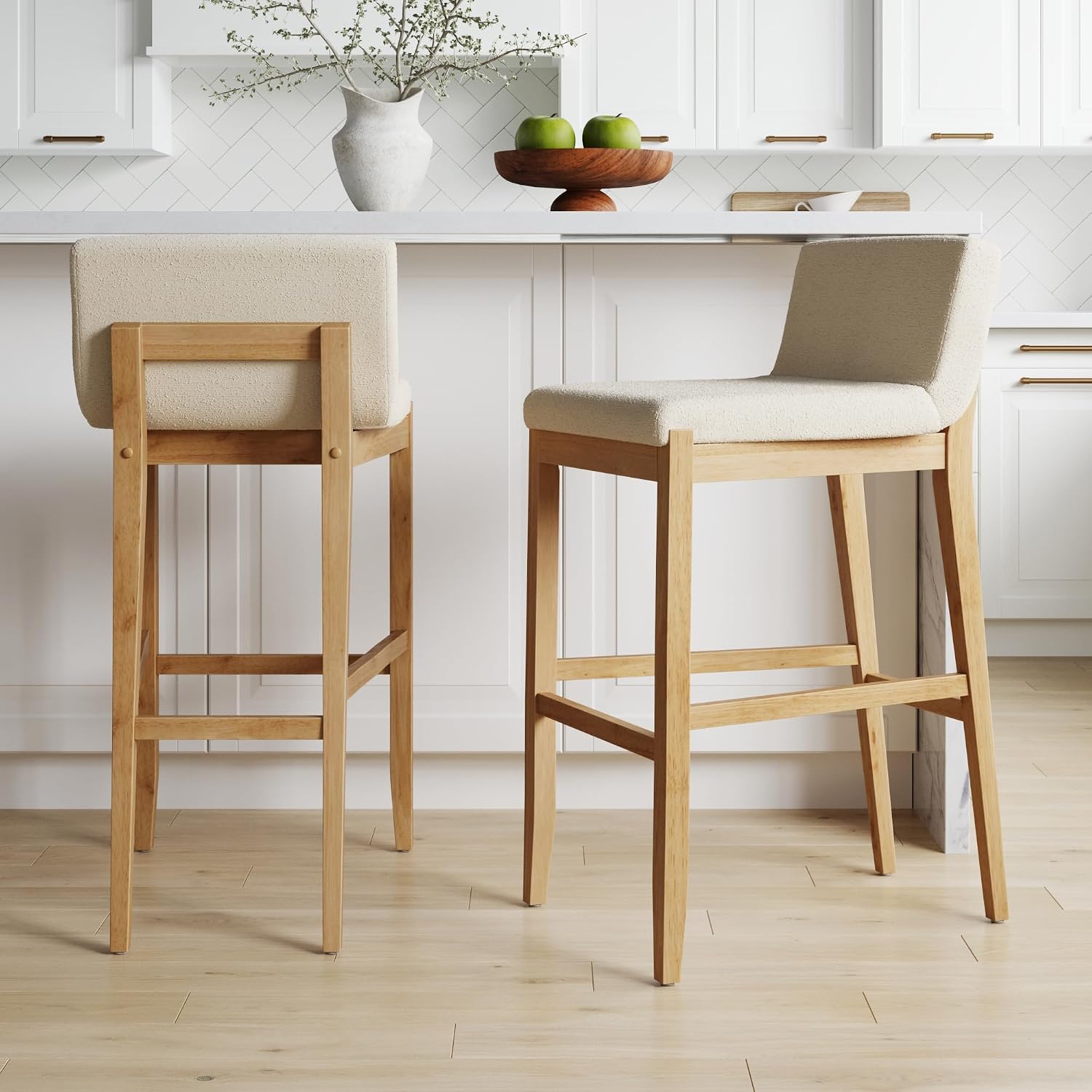 Nathan James Gracie Modern Upholstered Bar Stool, Wooden Bar Stool for Kitchen Island with Boucle Upholstery, Cream Boucle/Warm Pine, Set of 2