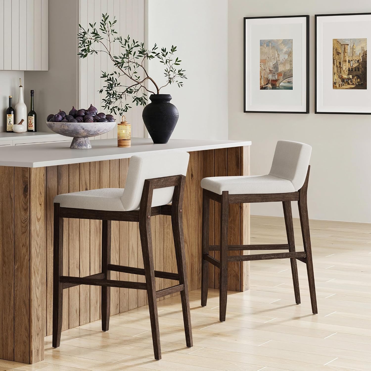 Nathan James Gracie Scandinavian Bar Stools – Cream Boucle Upholstered Wooden Bar Stools with Back for Kitchen Island, Set of 2
