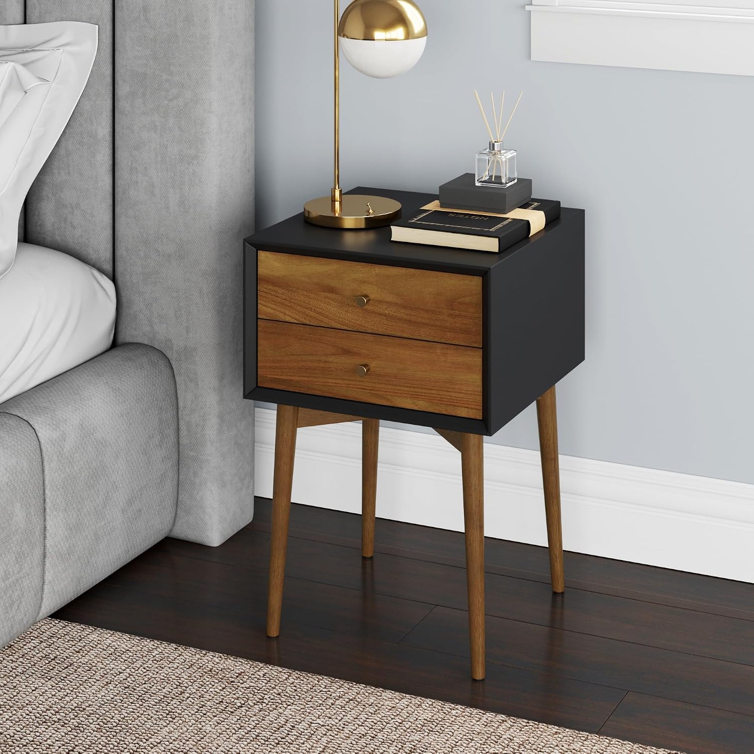 Nathan James Harper Modern Nightstand Side Accent or End Table with Storage Drawer, 1, Black/Brown