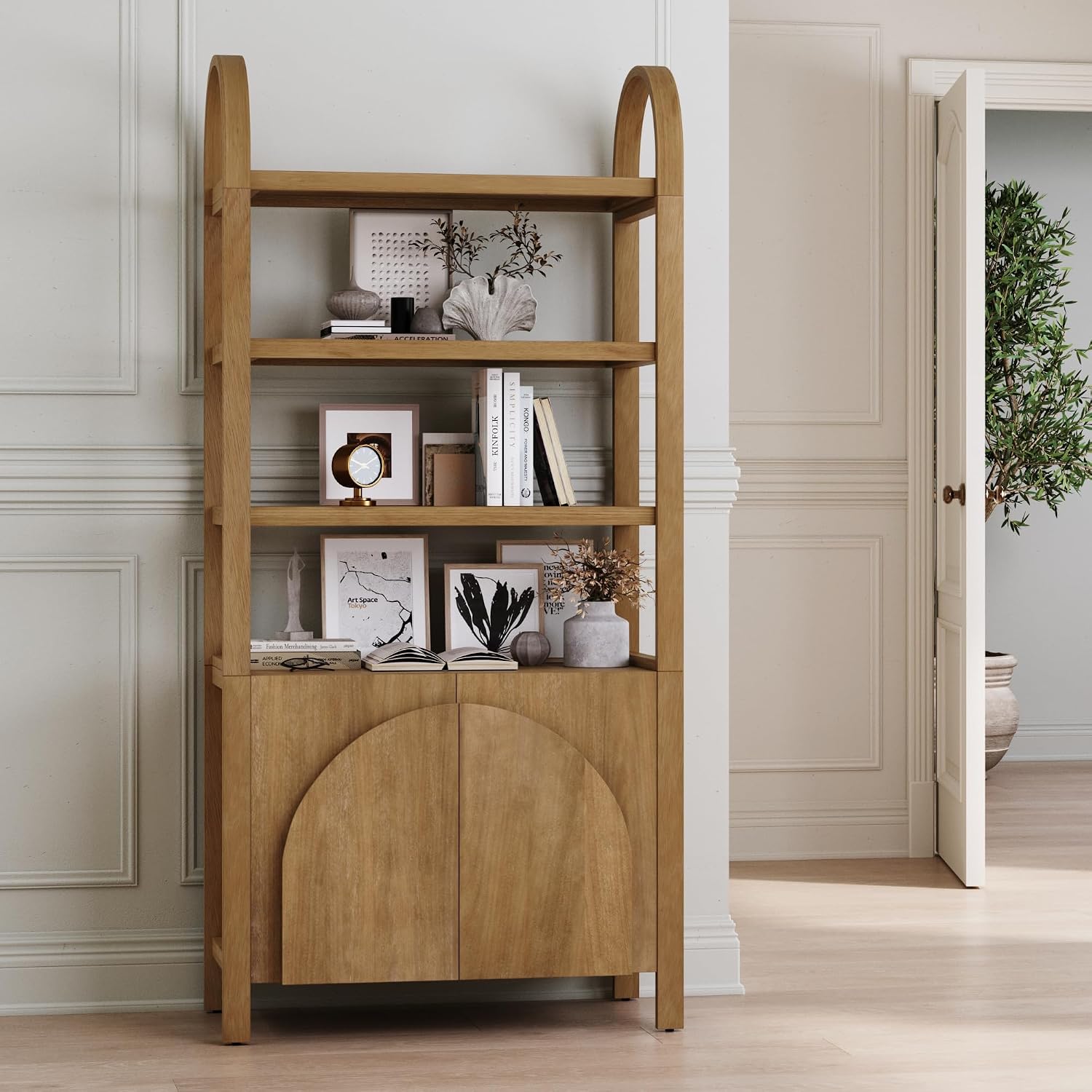 Nathan James Iris 3-Tier Bookshelf – Light Brown Arched Solid Wood Bookcase with Cabinet Base, Boho Storage for Living Room or Home Office