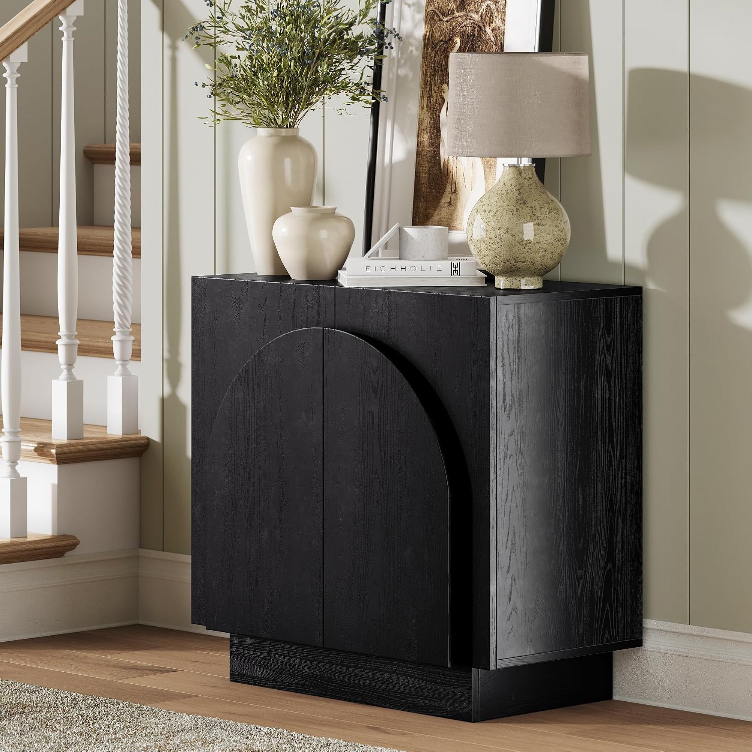 Nathan James Iris Mid-Century Modern Credenza – Black Oak Sideboard Buffet with Arched Doors, Storage Cabinet for Kitchen or Living Room