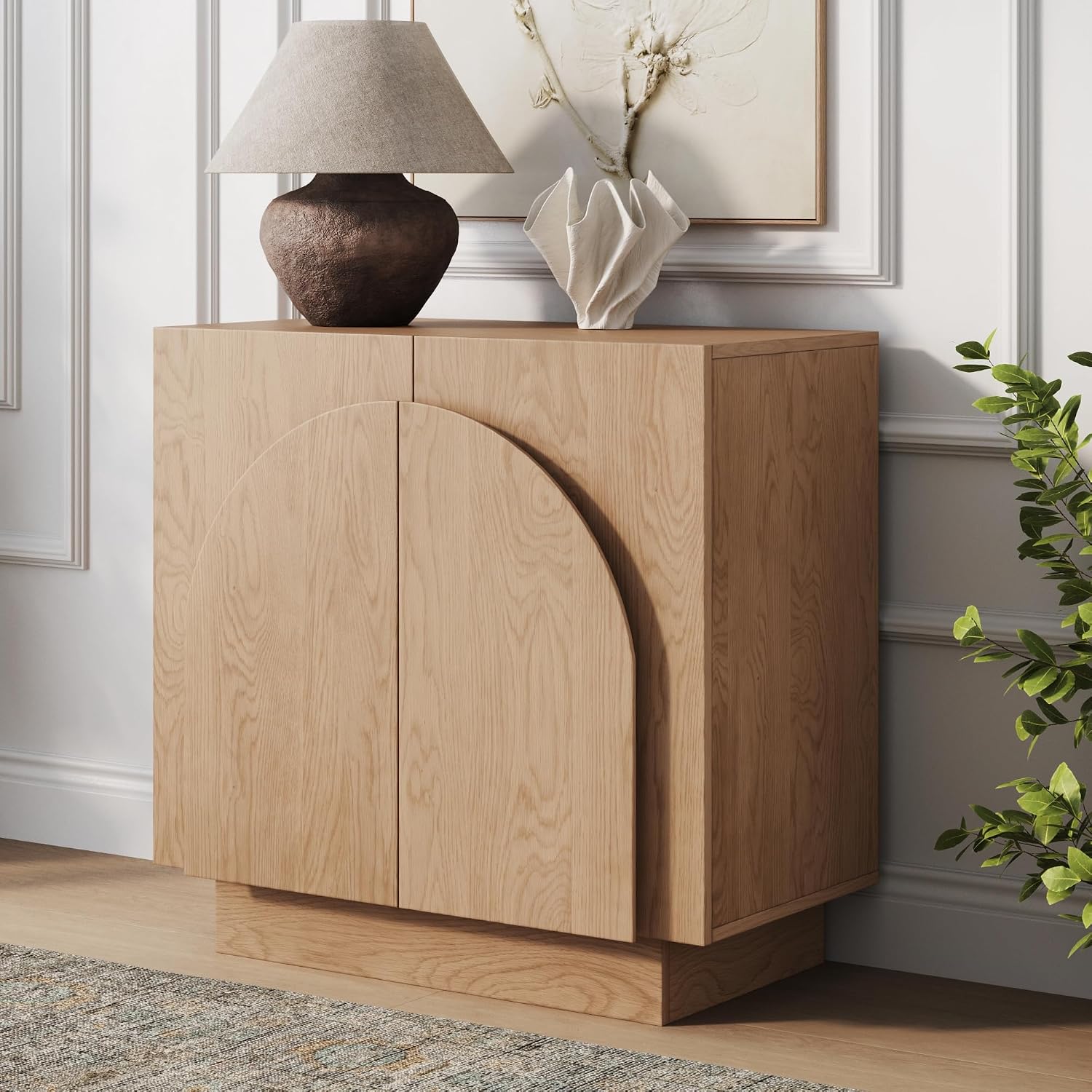 Nathan James Iris Mid-Century Modern Credenza, Brown Sideboard Buffet, Living Room Wood Storage Cabinet with Arched Cabinet Doors, Raw Oak
