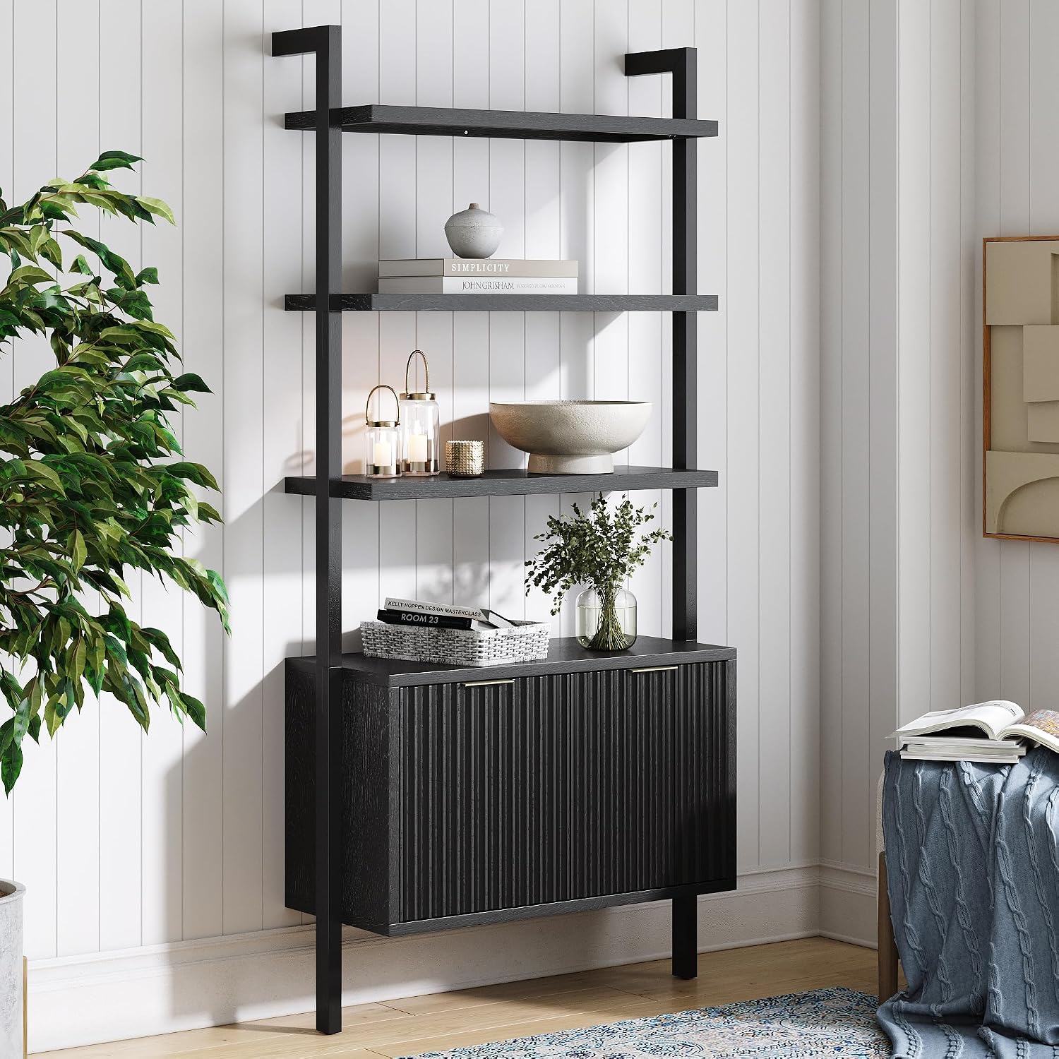 Nathan James Jasper 3-Shelf Solid Wood Boho Bookshelf, Wall Mounted Bookshelf with Cabinet with Fluted Doors, Black Oak