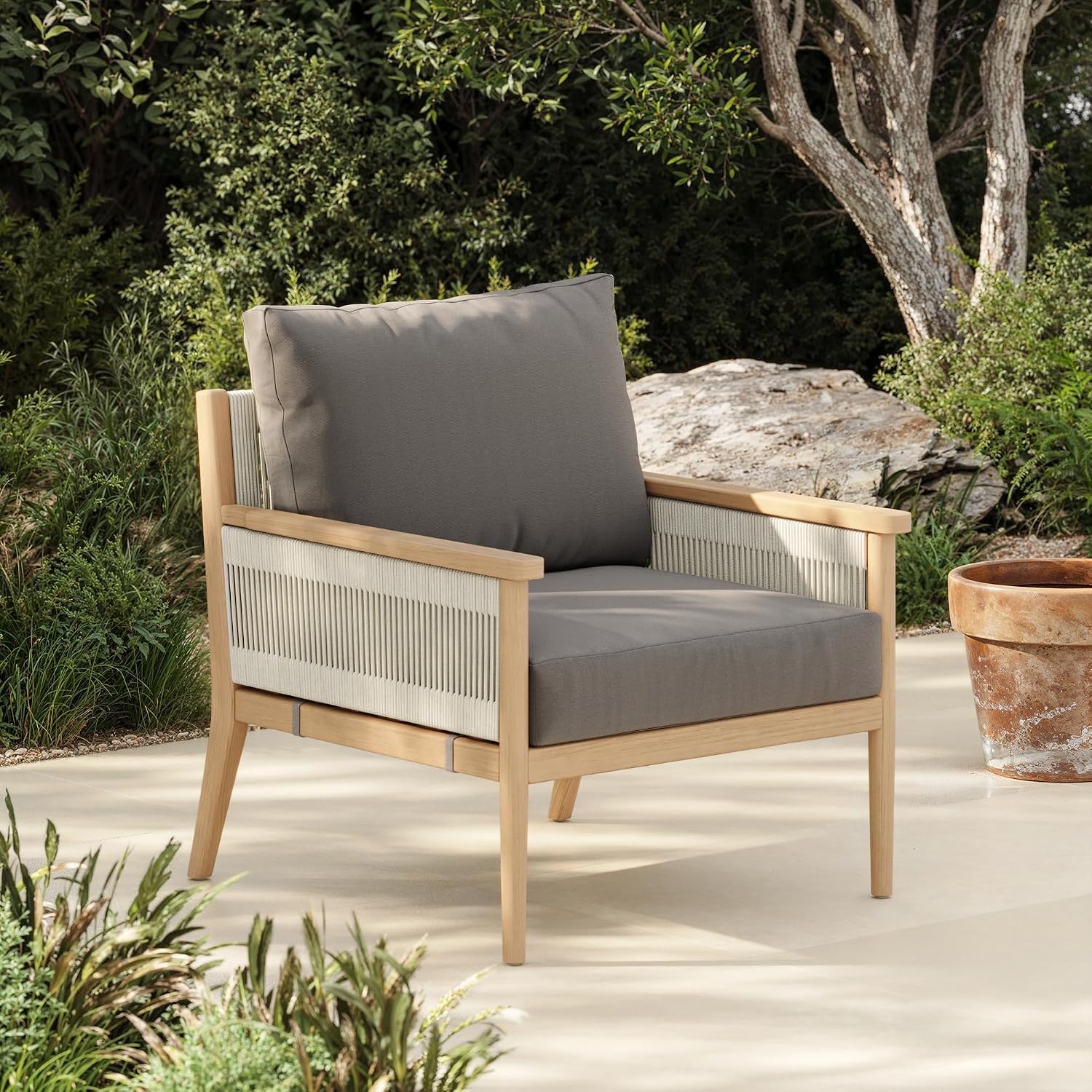 Nathan James Kayden Acacia Wood Patio Chair, Bohemian Outdoor Chair, Lounge Wooden Armchair with Rope Accent, Medium Gray/Raw Oak