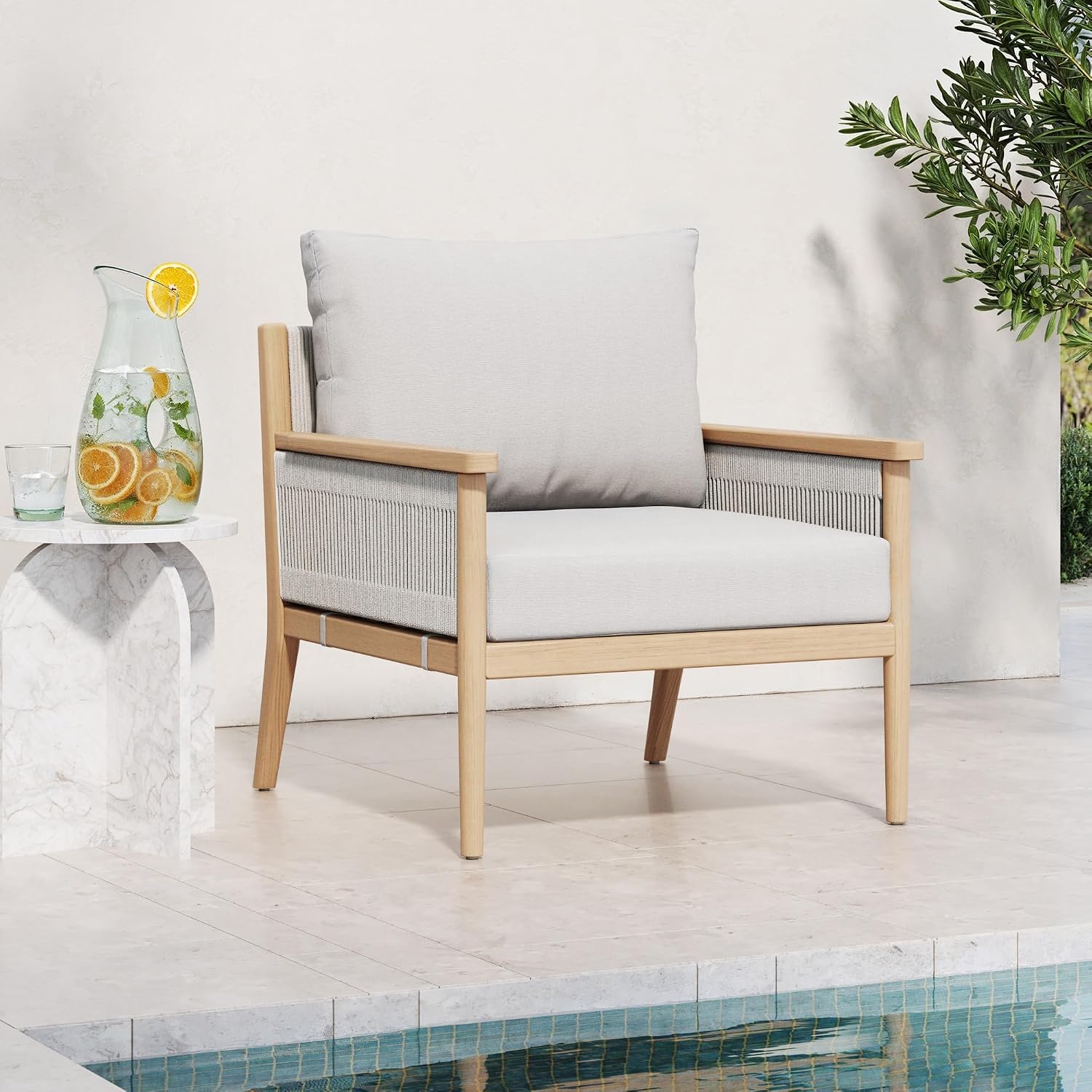 Nathan James Kayden Acacia Wood Patio Chair, Bohemian Outdoor Chair, Lounge Wooden Armchair with Rope Accent, White Cream/Raw Oak