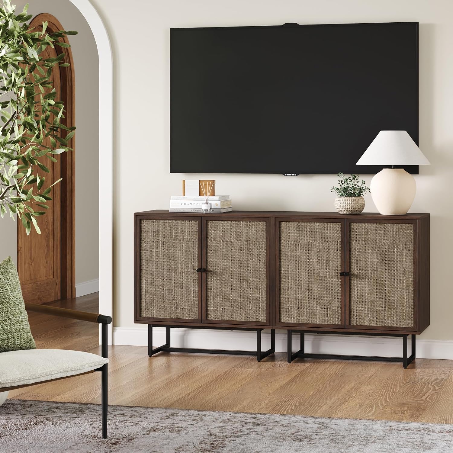 Nathan James Kova Bohemian Rattan Sideboard – Walnut Buffet or TV Stand with Cane Doors & Matte Black Legs, Set of 2