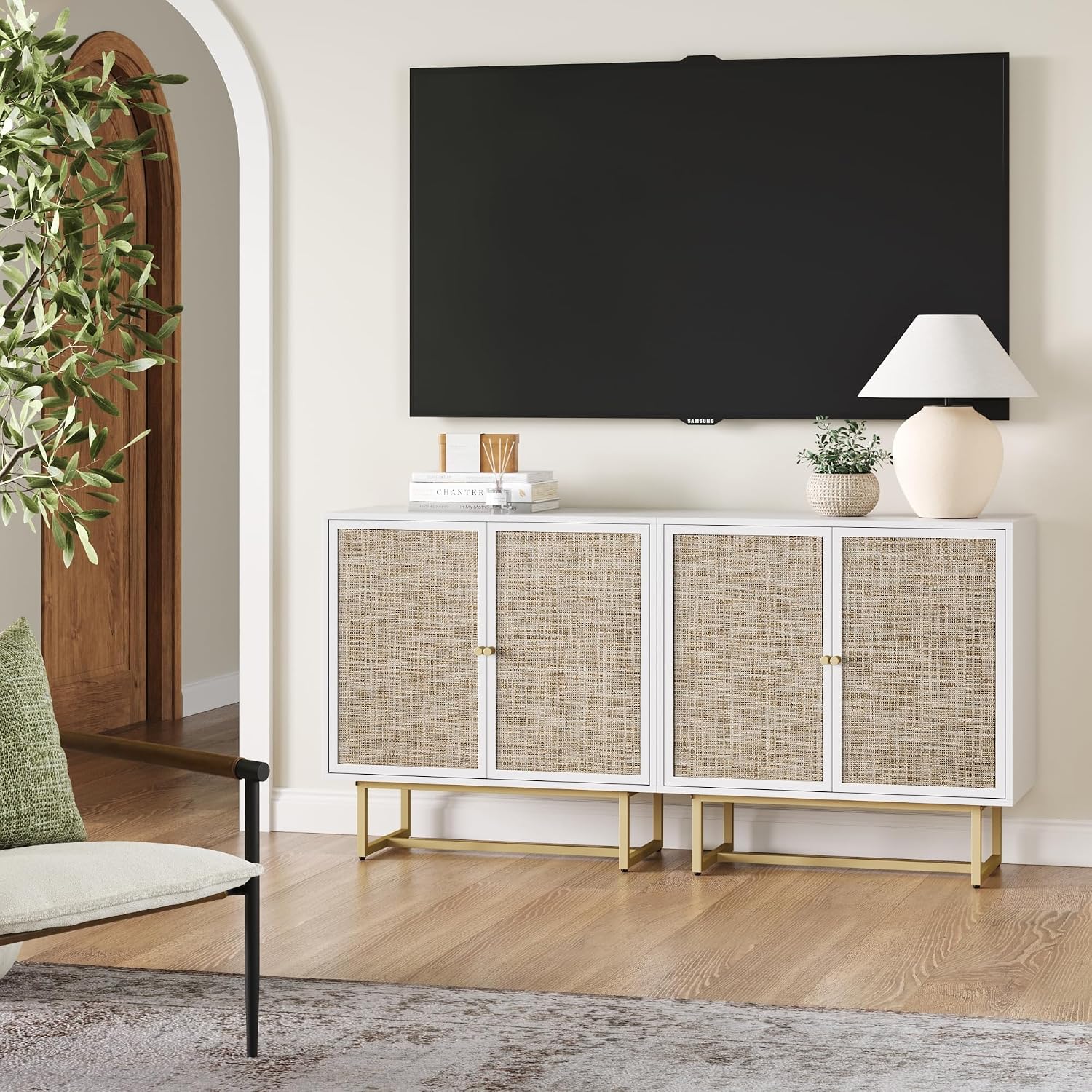 Nathan James Kova Rattan Wood Sideboard – White/Cane/Brass Storage Cabinet or TV Stand with Adjustable Shelves, Set of 2