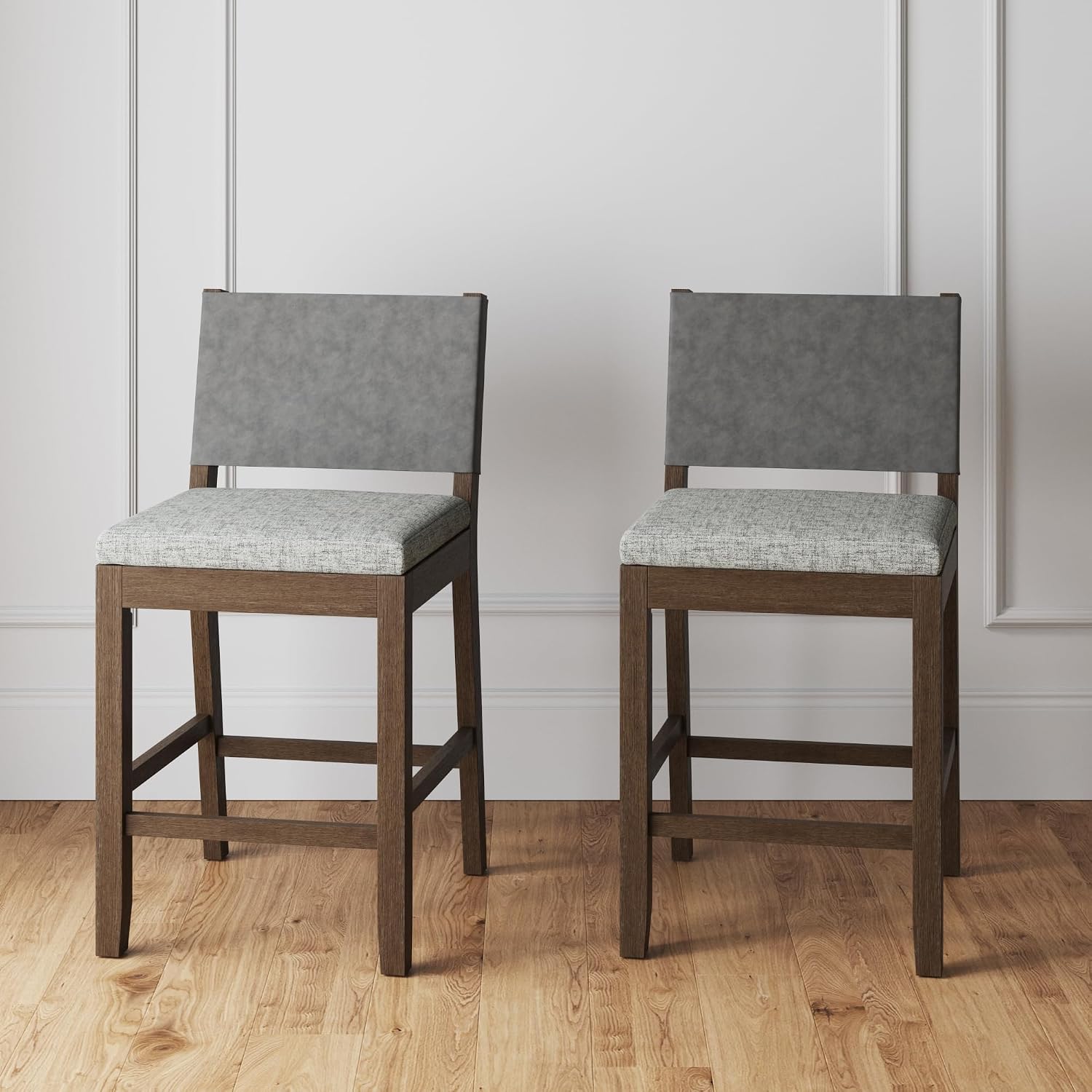 Nathan James Linus Counter Height Bar Stools – Birch Ivory Faux Leather with Wire-Brushed Dark Brown Rubberwood Legs, Set of 2