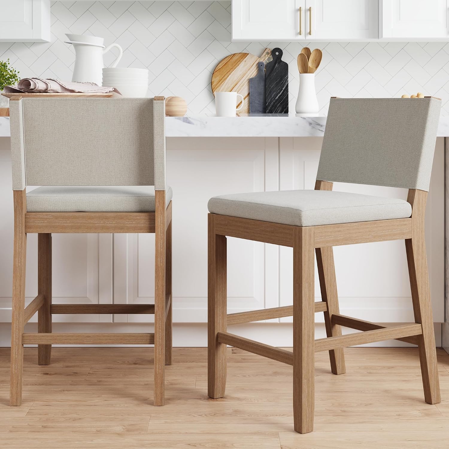 Nathan James Linus Counter Height Bar Stools – Natural Flax Upholstered Stools with Wire-Brushed Light Brown Rubberwood Legs, Set of 2