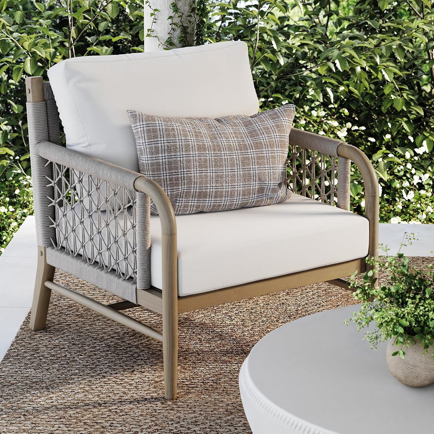 Nathan James Luciano Farmhouse Accent Chair – Patio Lounge Chair with Cushions, Solid Acacia Wood Frame, Gray Oak & Linen White
