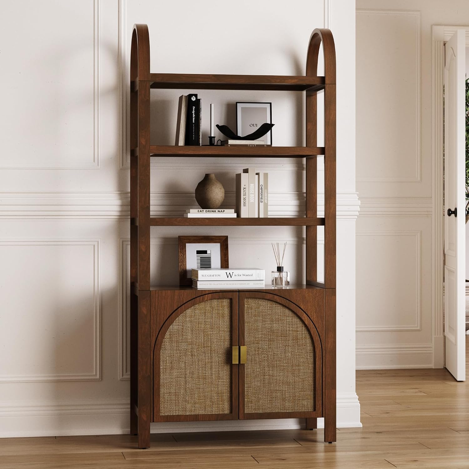 Nathan James Paxton Boho Bookshelf Cabinet – Dark Acacia Arched Rattan Bookcase with Cabinet Base, Solid Wood Frame for Living Room or Office