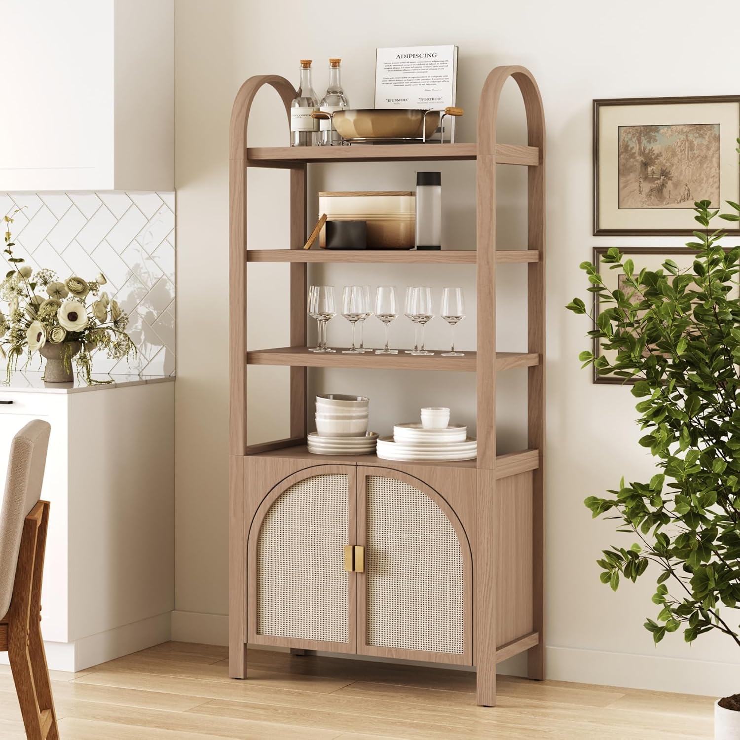 Nathan James Paxton Mid-Century Bookshelf Cabinet – Raw Oak Arched Rattan Bookcase with Cabinet Base, Solid Wood Frame for Living Room or Office
