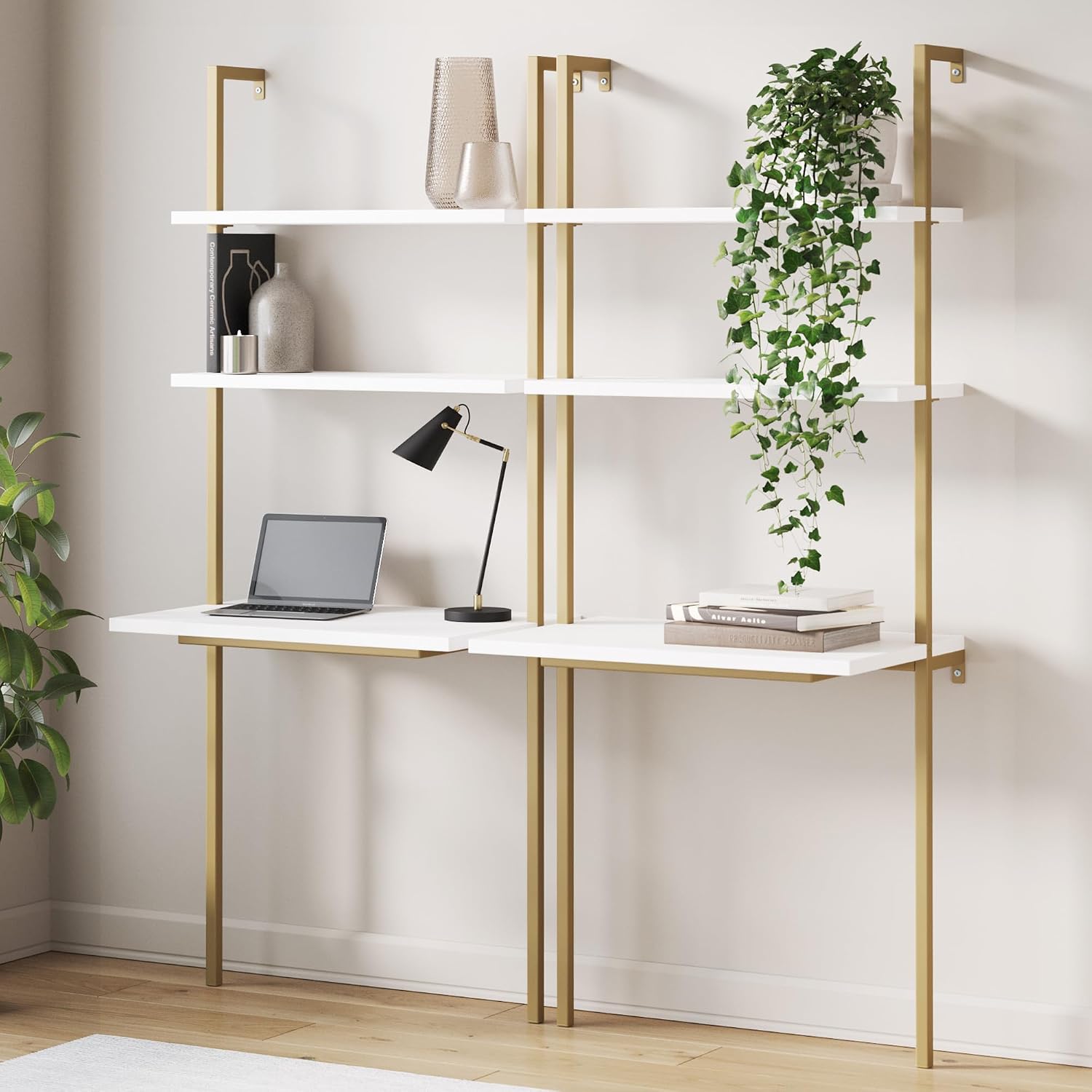 Nathan James Theo 2-Shelf Industrial Wall Mount Ladder Small Computer or Writing Desk, 20″ D x 30″ W x 73″ H, White/Gold – Set of 2